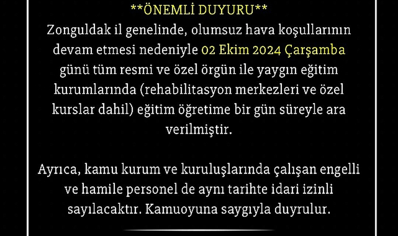 Eğitime 1 gün ara verildi!