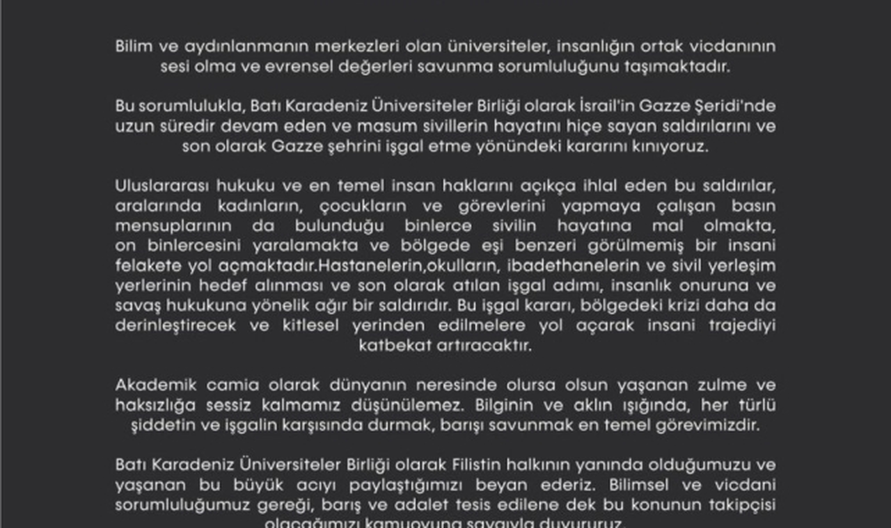 Batı Karadeniz Üniversiteler Birliği'nden Gazze'ye Yönelik Saldırılara Ortak Kınama