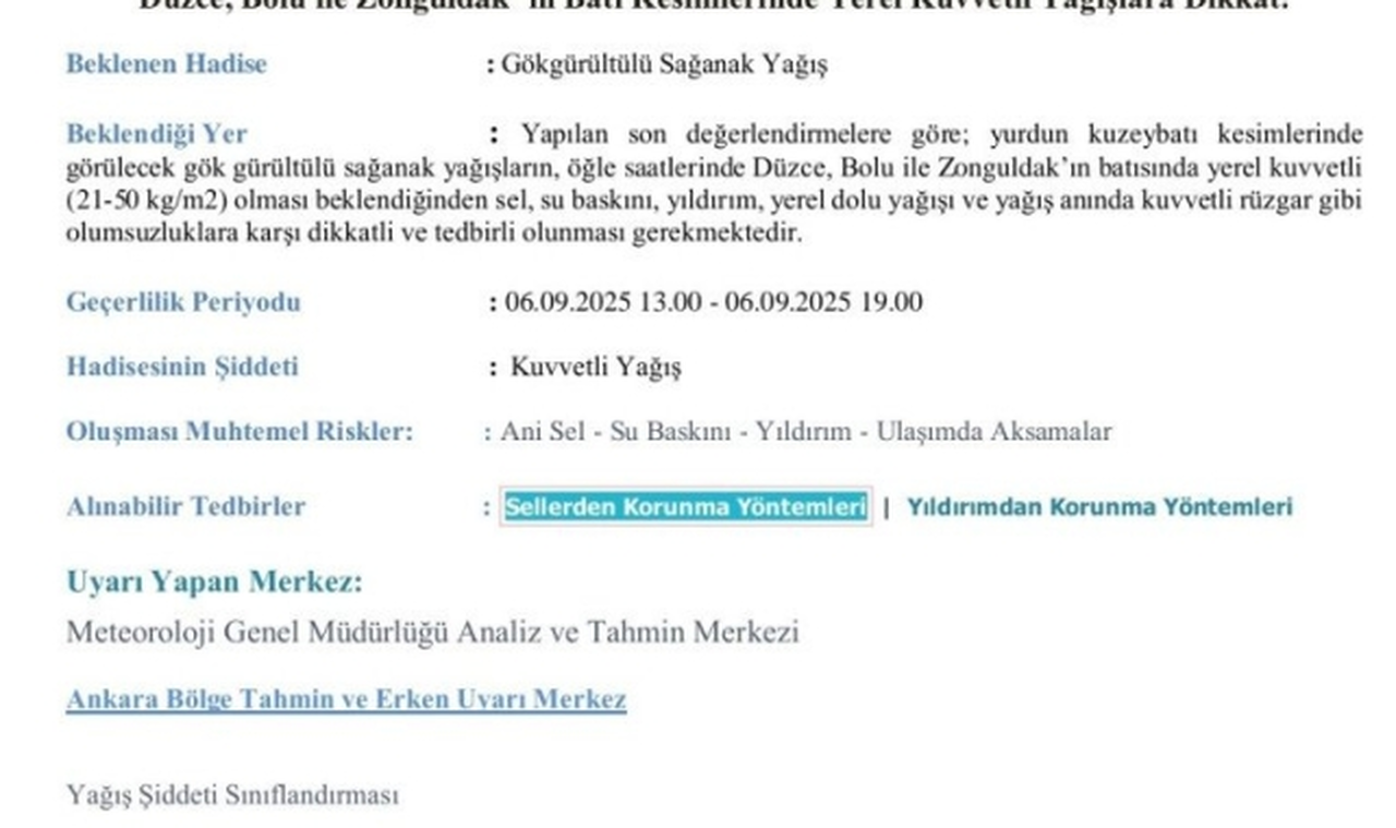 Meteoroloji'den Düzce, Bolu ve Zonguldak için kuvvetli yağış uyarısı