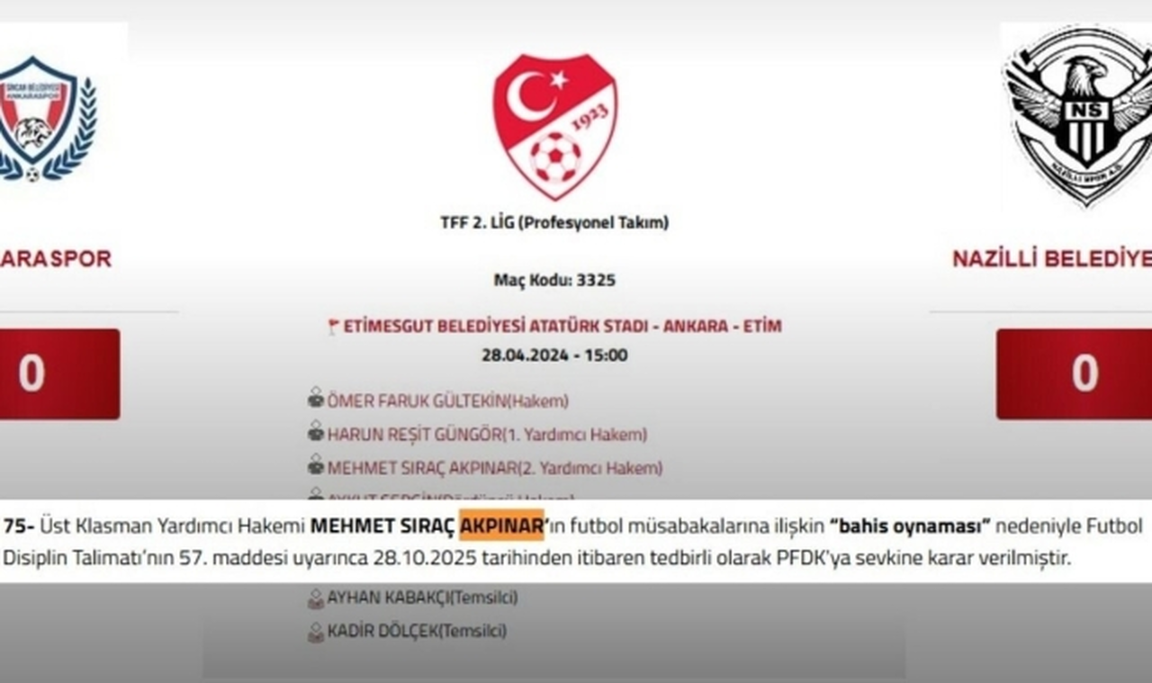 Ankaraspor–Nazillispor maçının 2. yardımcı hakemi Akpınar, bahis iddiasıyla PFDK'ya sevk edildi