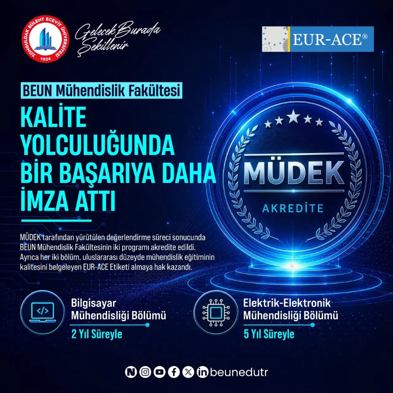 BEUN Mühendislik Fakültesi, MÜDEK'ten 5 yıllık akreditasyon aldı, uluslararası standartları sağladı.