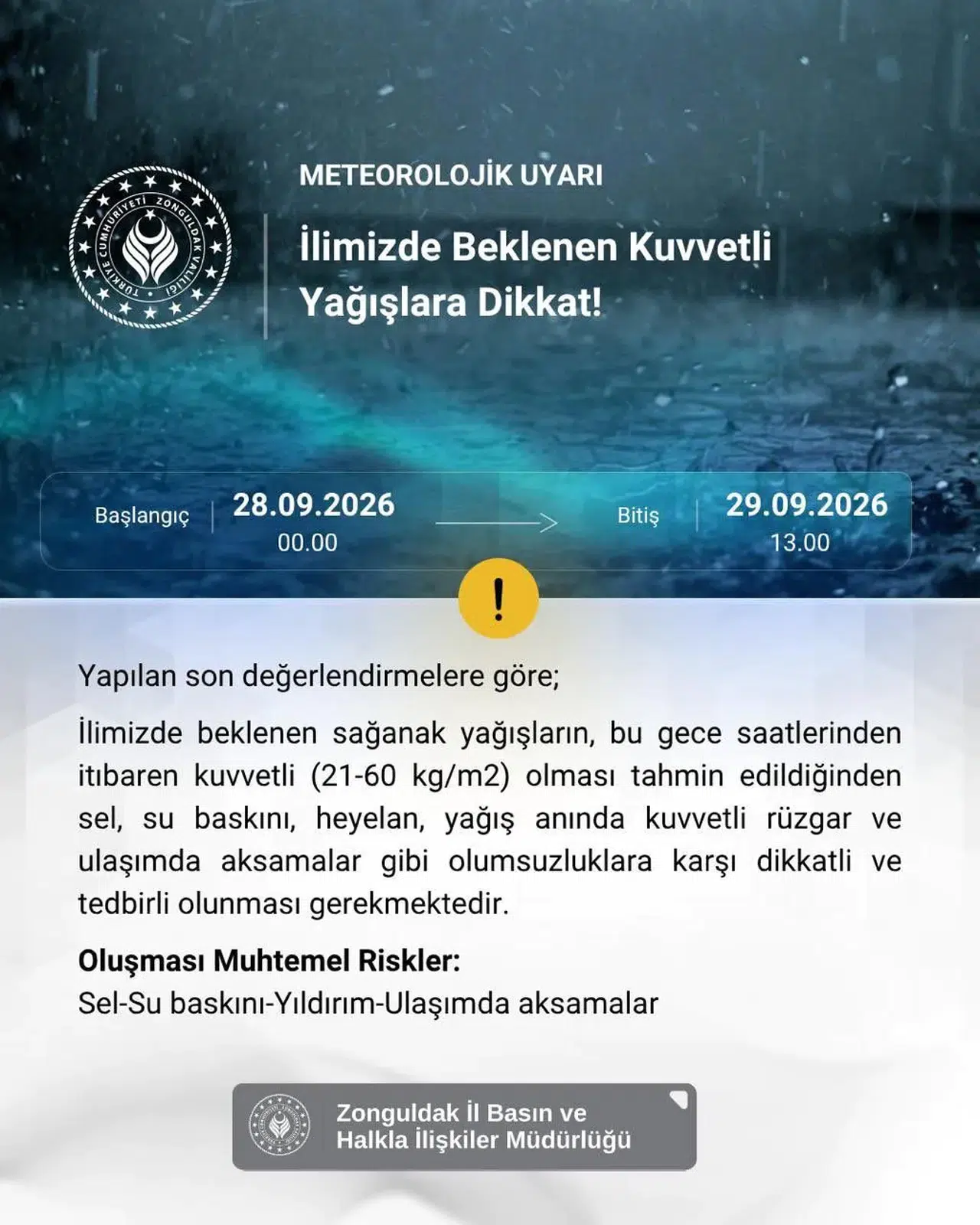 Zonguldak için kuvvetli sağanak yağış uyarısı: Sel ve heyelana dikkat