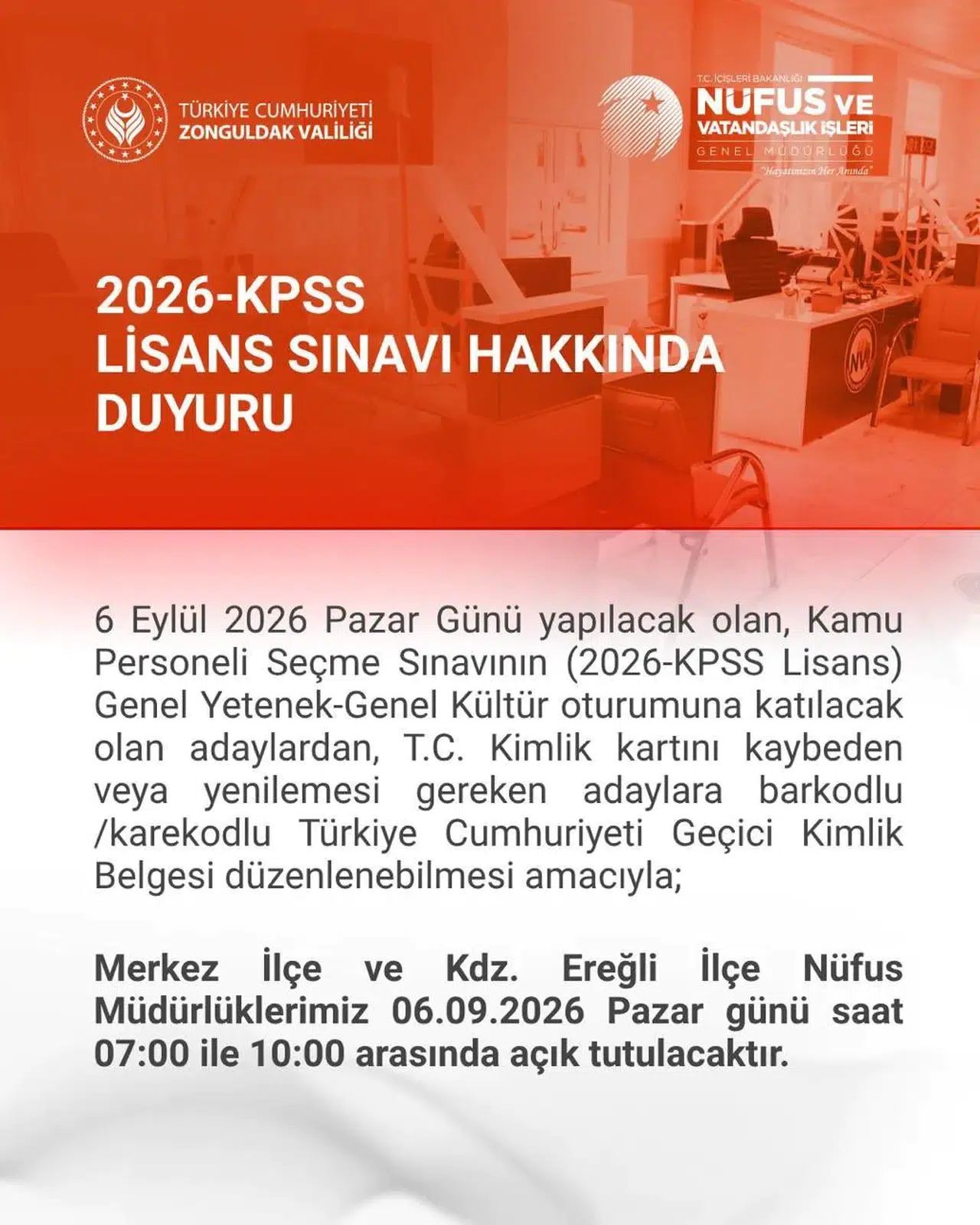 KPSS adayları için Zonguldak’ta iki nüfus müdürlüğünde özel mesai