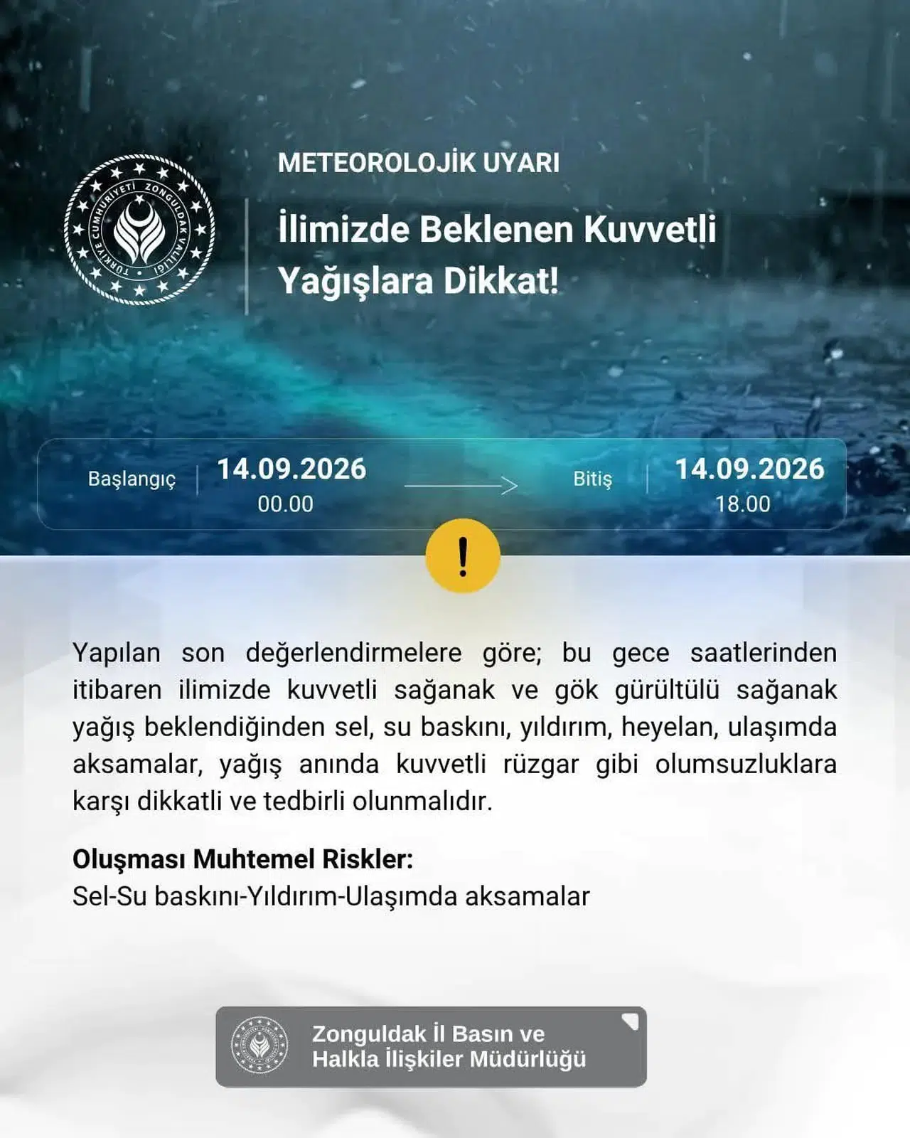Zonguldak Valiliği'nden kuvvetli sağanak yağış uyarısı