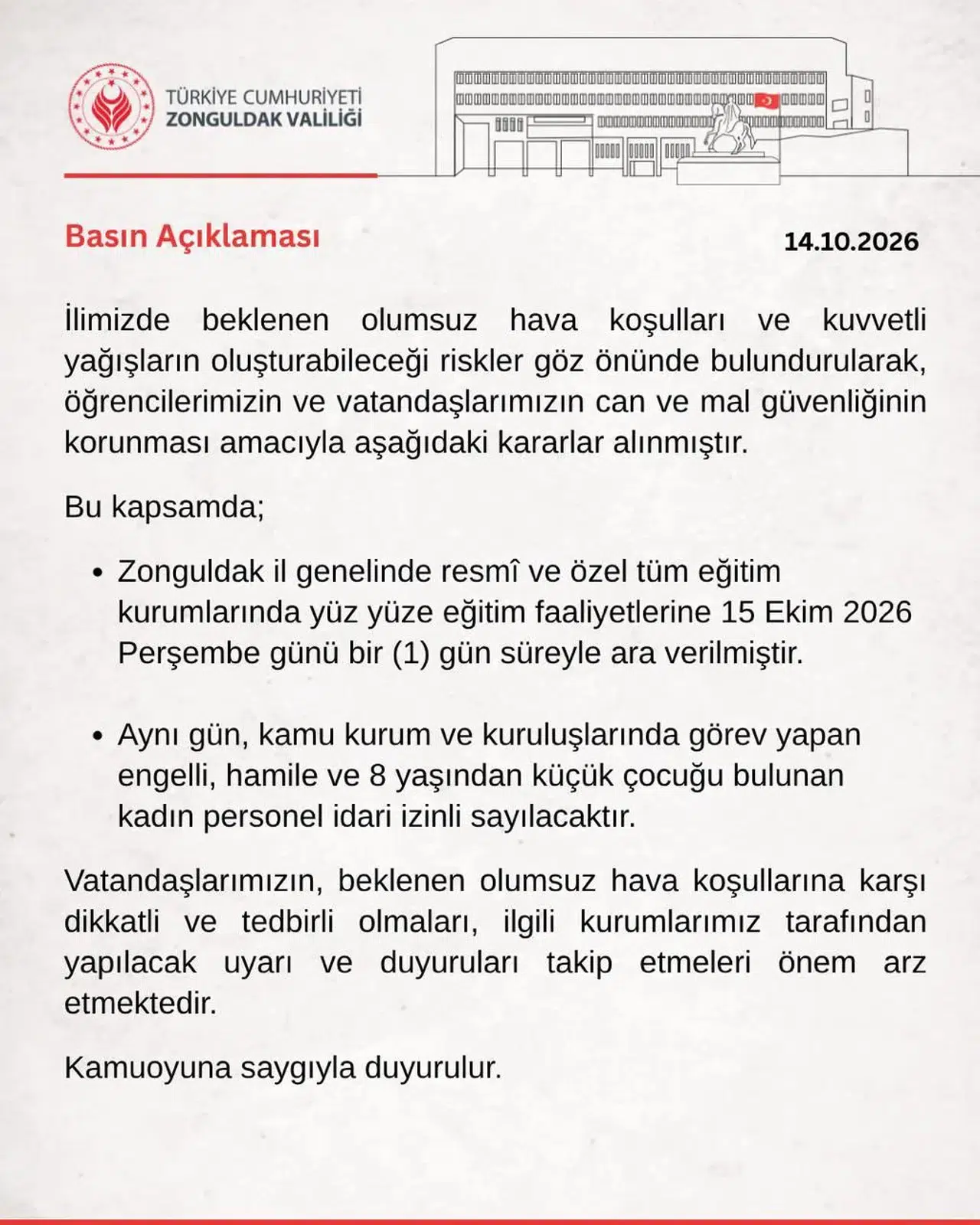 Kuvvetli yağış uyarısının ardından Zonguldak'ta okullar tatil edildi