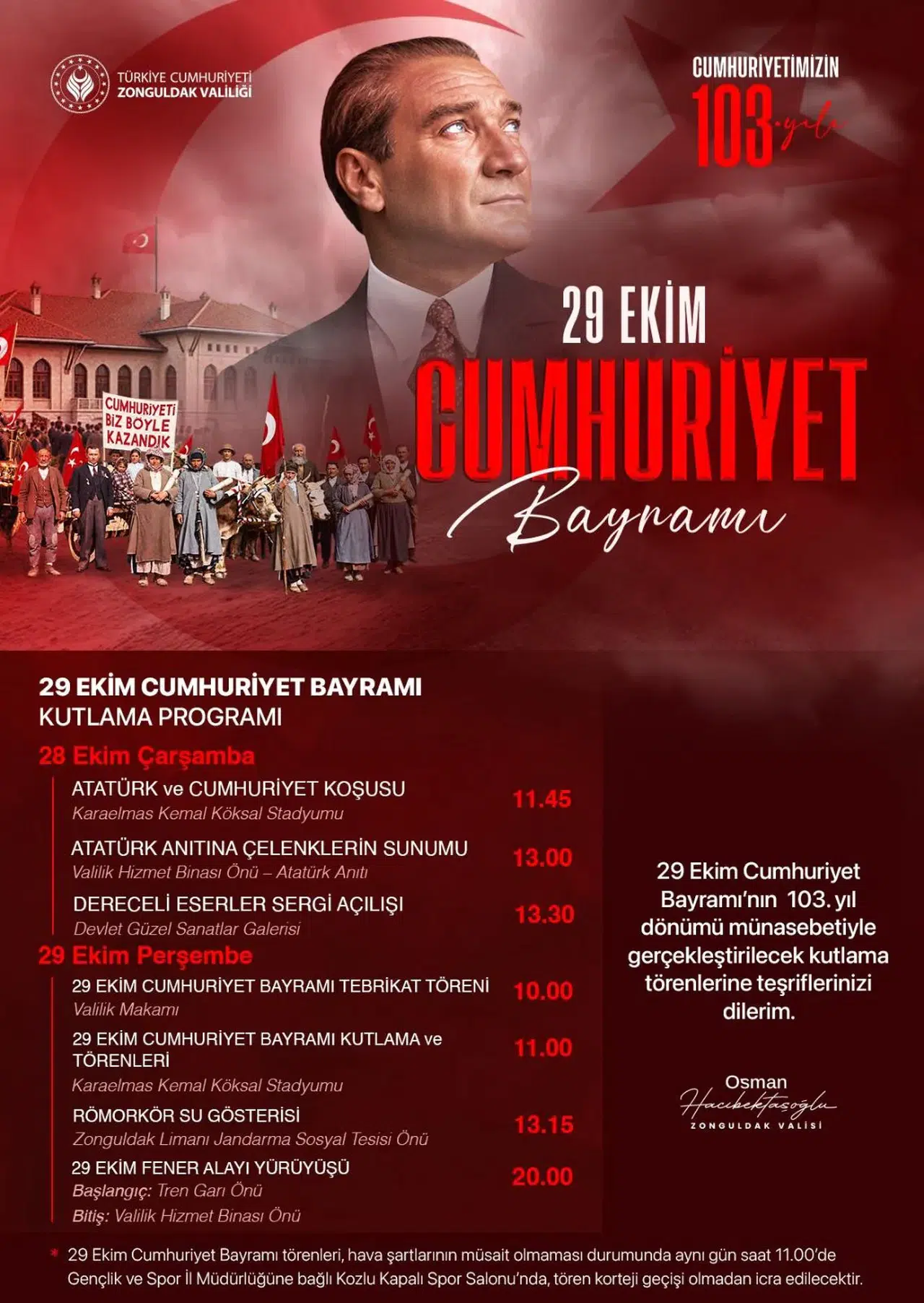 Zonguldak’ta 29 Ekim Cumhuriyet Bayramı kutlama programı belli oldu