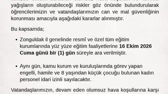 Zonguldak'ta Kuvvetli Yağış Nedeniyle Eğitime Bir Gün Ara