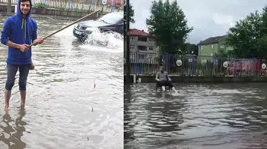 Yolu su bastı, vatandaş balık tuttu esnaf ise sandalyesini alıp keyif yaptı