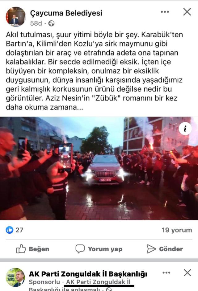 Çaycuma Belediyesi'den skandal TOGG paylaşımı!