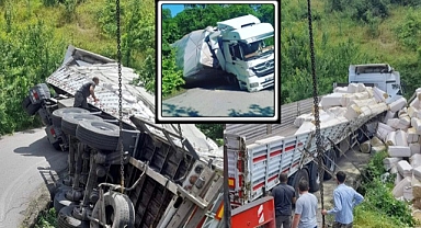 Yem yüklü tır devrildi yol trafiğe kapandı