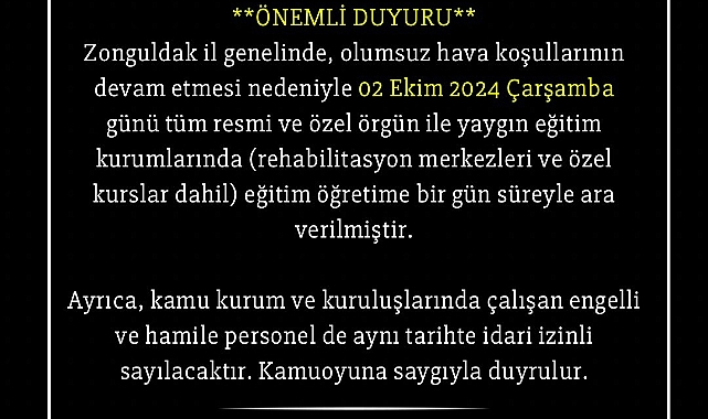 Eğitime 1 gün ara verildi!