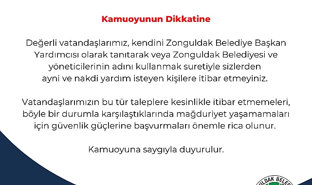 Zonguldak Belediyesi'nden Vatandaşlara Dolandırıcılık Uyarısı