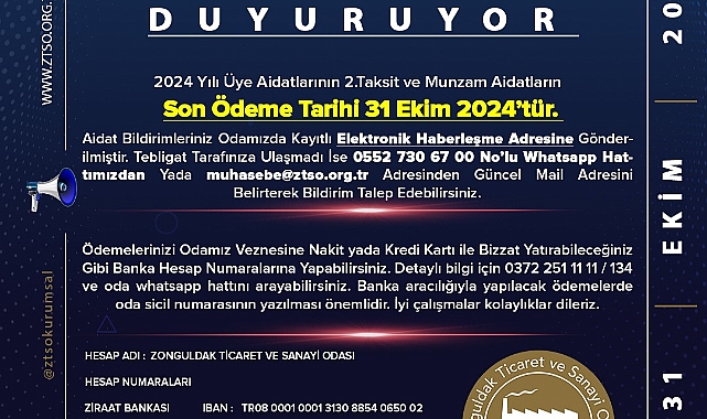 Zonguldak Ticaret ve Sanayi Odası'ndan Üyelerine Ödeme Hatırlatması