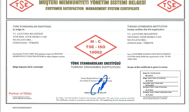 ISO 10002 belgesi de tamam