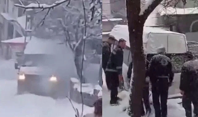 İş makinesinin çarptığı öğrenci servisi metrelerce kayıp duvara çarptı