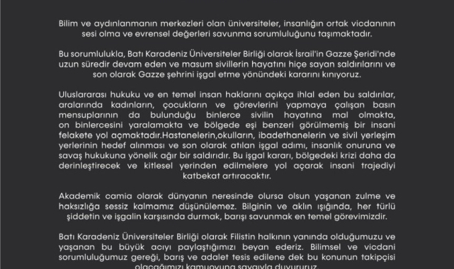 Batı Karadeniz Üniversiteler Birliği'nden Gazze'ye Yönelik Saldırılara Ortak Kınama