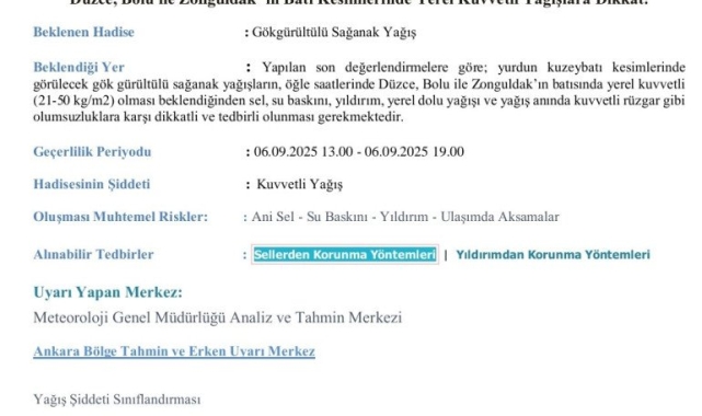 Meteoroloji'den Düzce, Bolu ve Zonguldak için kuvvetli yağış uyarısı