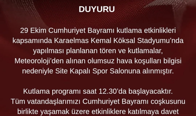 Zonguldak'ta 29 Ekim kutlamaları olumsuz hava nedeniyle salona alındı