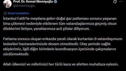 Bakan Memişoğlu: "Patlama sonucu oluşan enkazda yaralı olarak kurtarılan 8 vatandaşımızın tedavileri hastanelerimizde devam etmektedir"