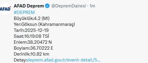 Kahramanmaraş'ta 4.2 büyüklüğünde deprem meydana geldi
