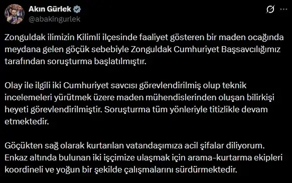 Bakan açıkladı, göçükle ilgili soruşturma başlatıldı