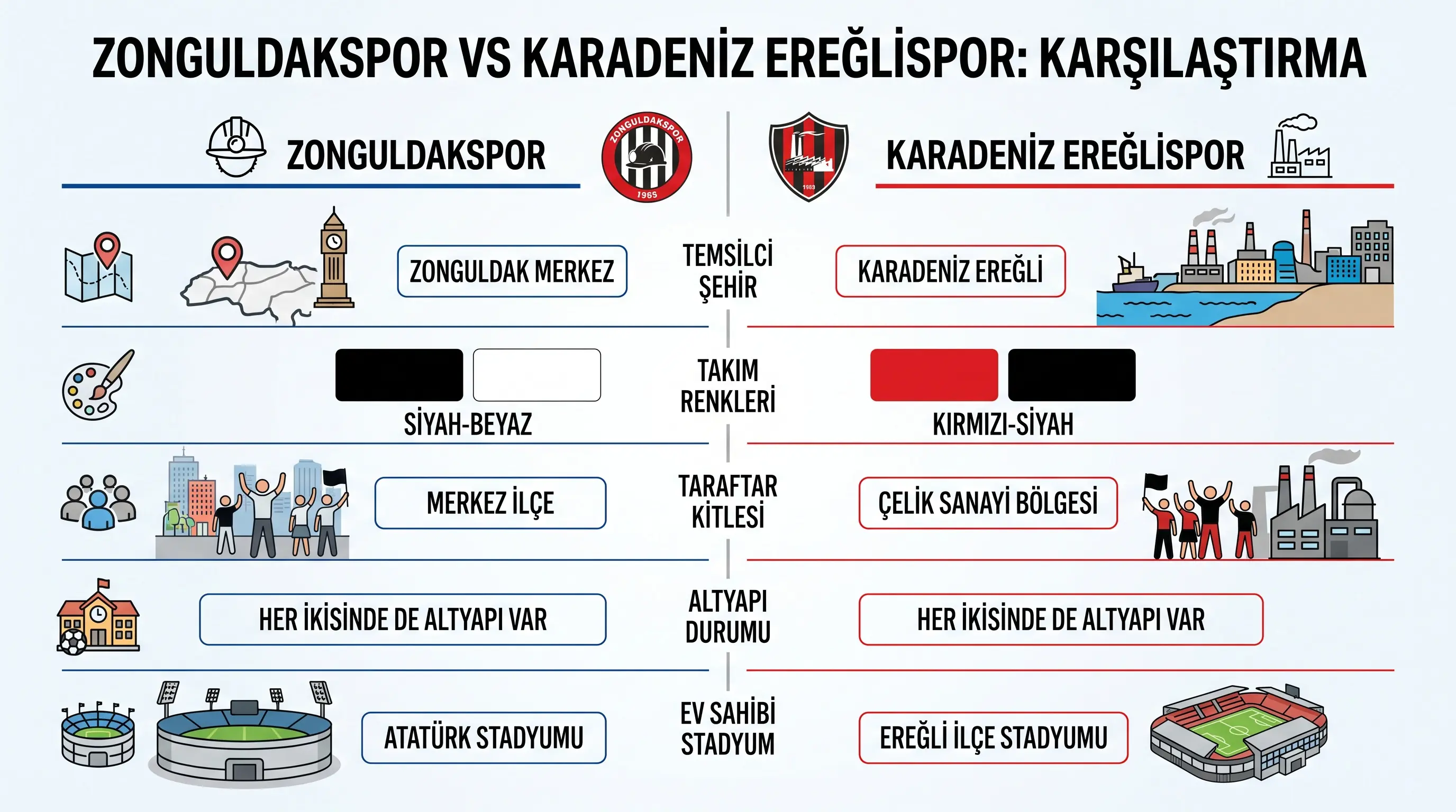 Zonguldakspor ile Karadeniz Ereğlispor'un temel özellikleri karşılaştırması.